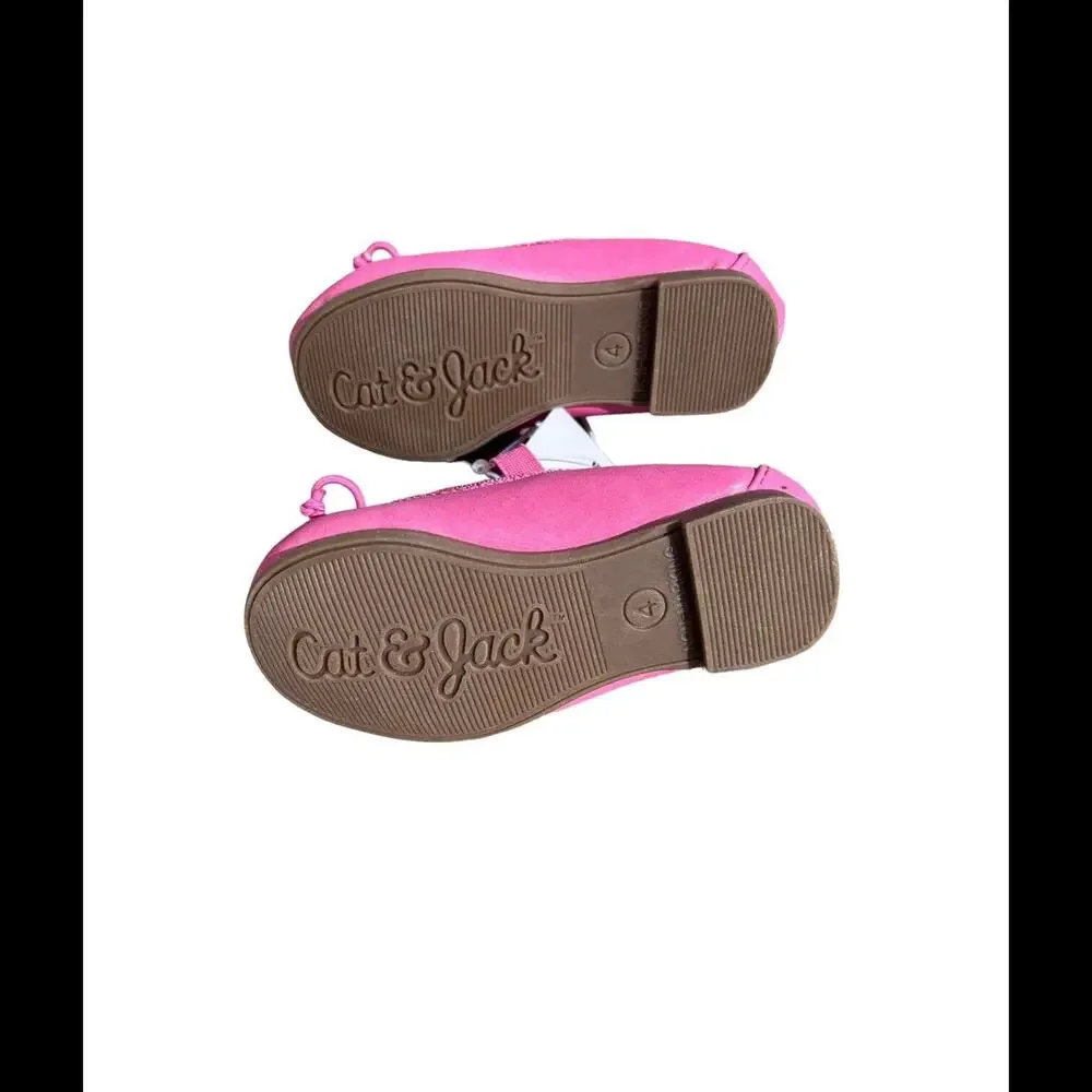 Cat‎ & Jack Toddler Girls Sz 4 Slip on Pink Fabric Ballet Flats W Bow Strap NIB